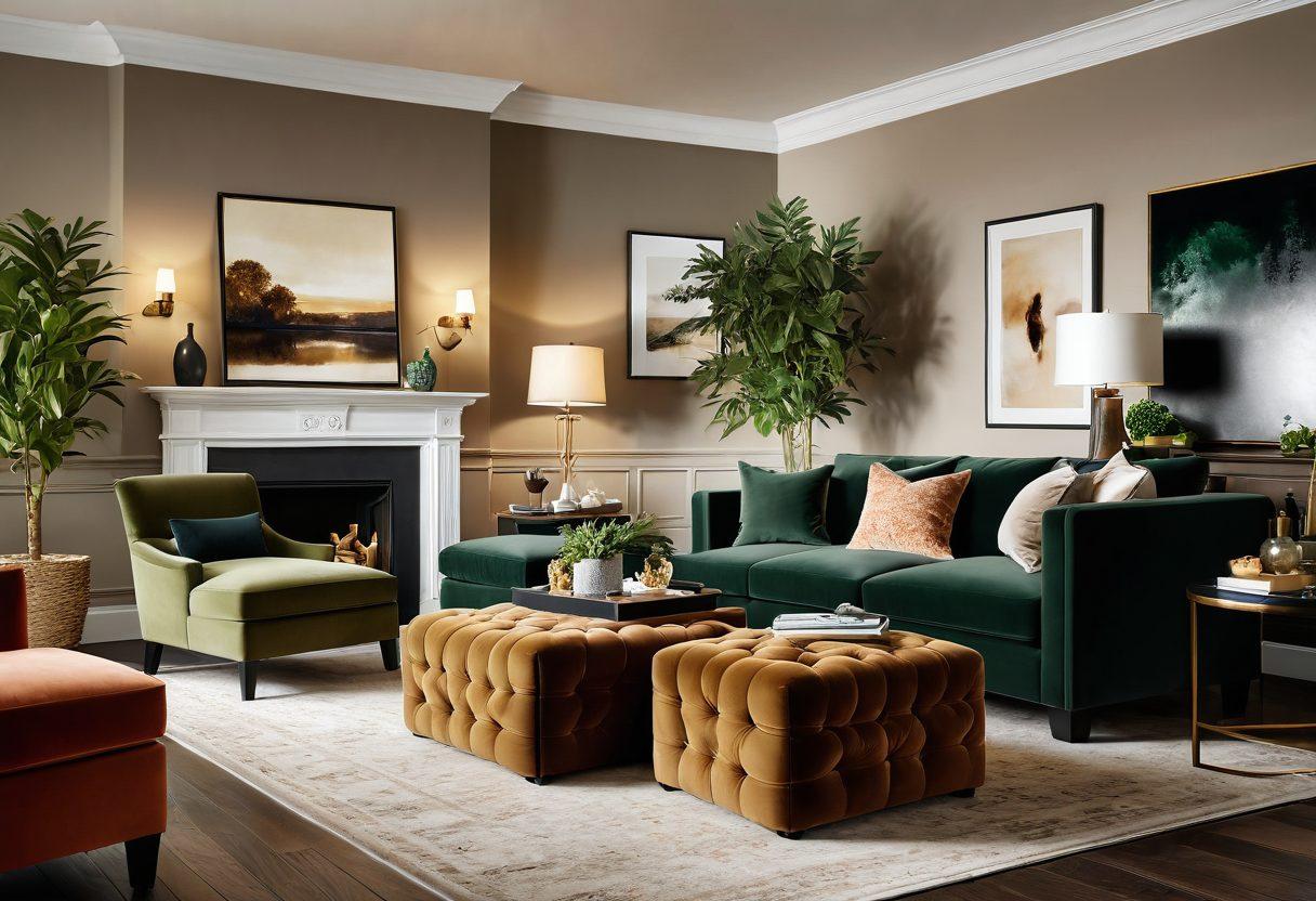 An elegant living room showcasing a variety of decorative seating options, including a chic velvet armchair, a stylish accent sofa, and a luxurious ottoman, all arranged around a beautiful coffee table with subtle decor accents. Warm, inviting lighting creates a cozy atmosphere, highlighting textures and fabrics. A touch of greenery from potted plants adds freshness to the scene. super-realistic. vibrant colors. cozy ambiance.