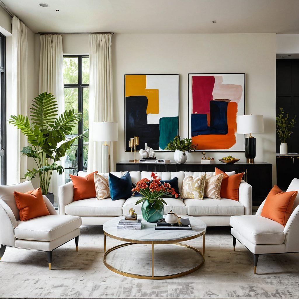 A stylish living room featuring a variety of elegant and functional seating options, such as a sleek modern sofa, designer armchairs, and a unique coffee table. The space is adorned with contemporary art, lush greenery, and vibrant lighting to create an inviting atmosphere. The color palette includes soft neutrals with pops of bold hues to emphasize sophistication. Highlight the seamless blend of comfort and innovative design in the furnishings. super-realistic. vibrant colors. white background.